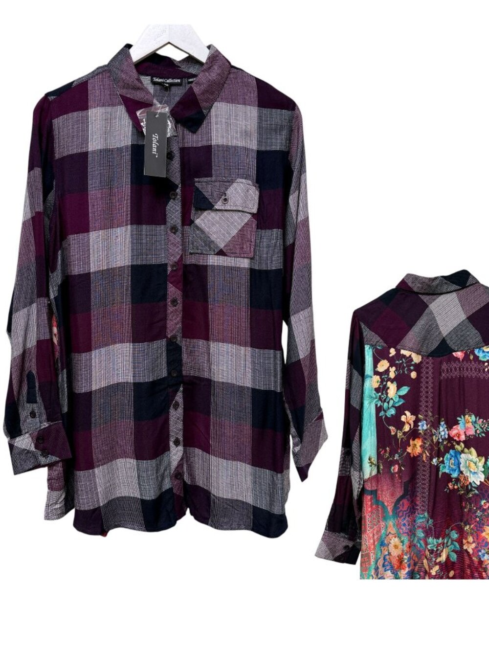 Tolani Collection Neicy Shirt Medium Petite Plum Plaid Floral Boho Top NWT